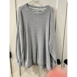 Aerie Waffle Knit Oversized Long Sleeve Sweatshirt Top XL Gray White